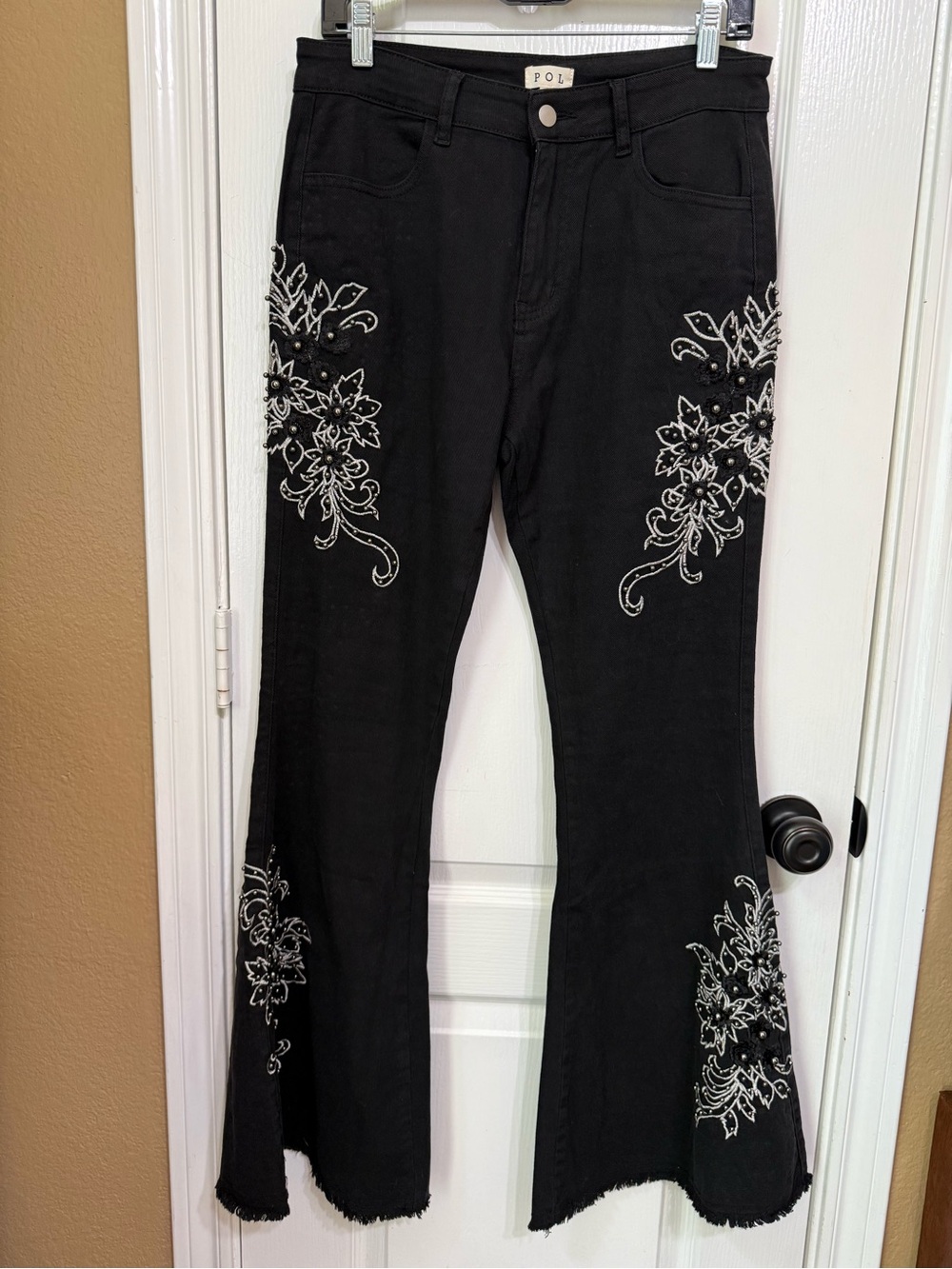 POL Black Boot Cut Jeans with White Embroidered Floral Detail